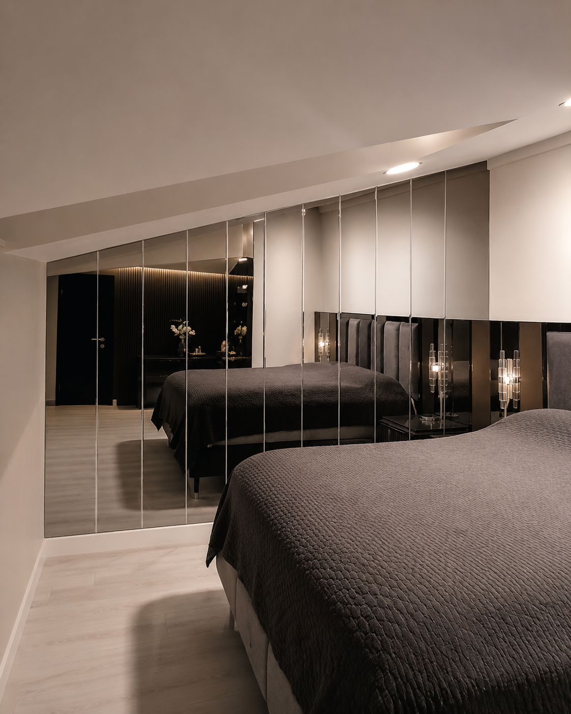 Floor-to-ceiling vertical mirror panel wall in a modern dark-toned bedroom with upholstered furniture and ambient lighting.