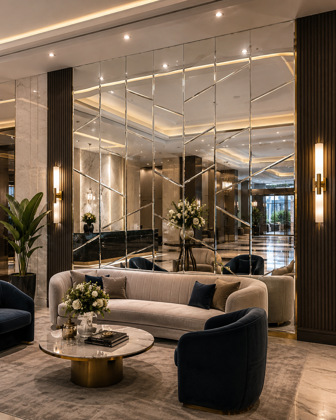 Lüks otel lobisinde geometrik desenli özel ölçü ayna duvar uygulaması