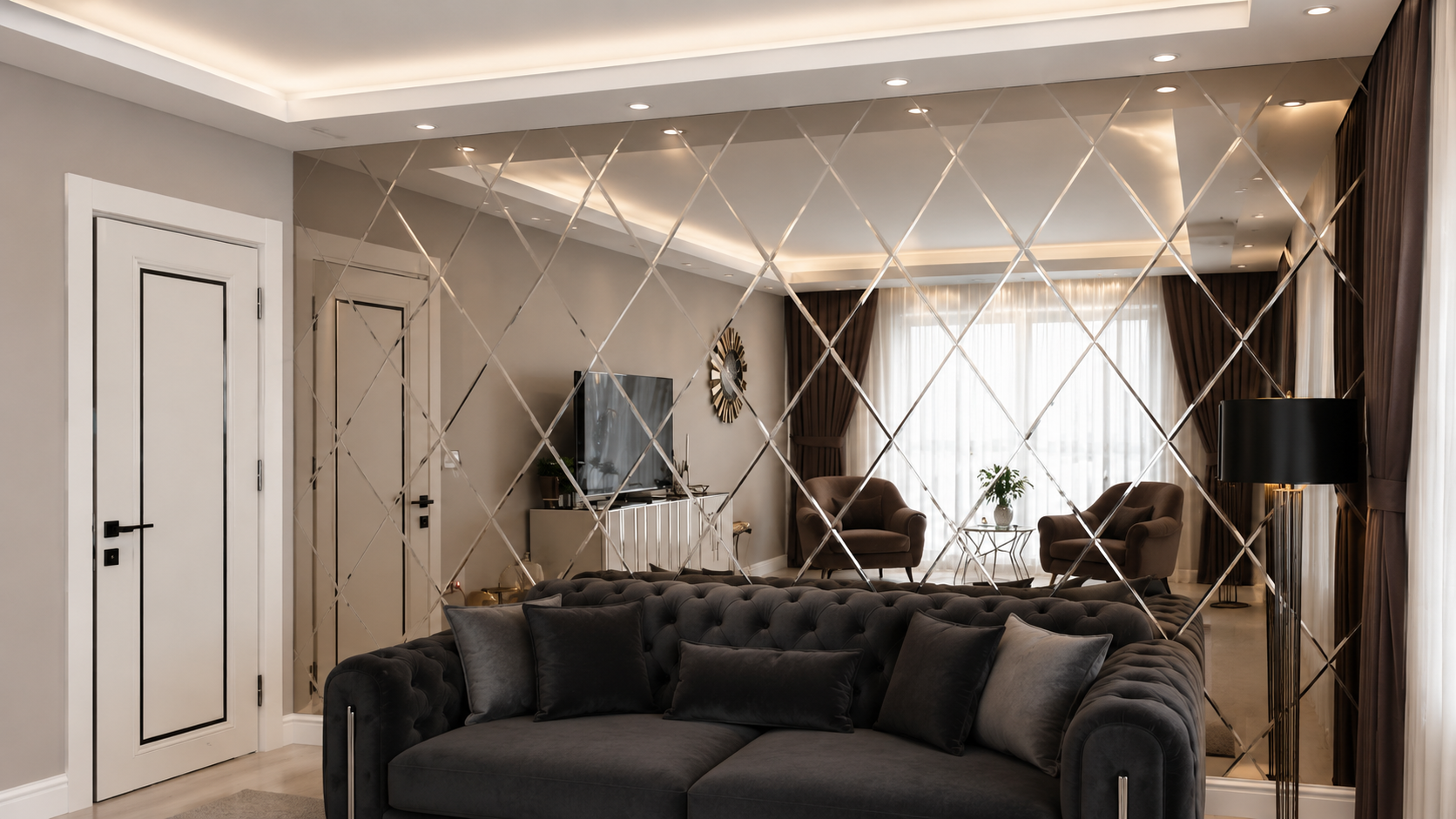 Floor-to-ceiling diamond-pattern mirror wall behind a dark tufted sofa in a modern luxury living room.