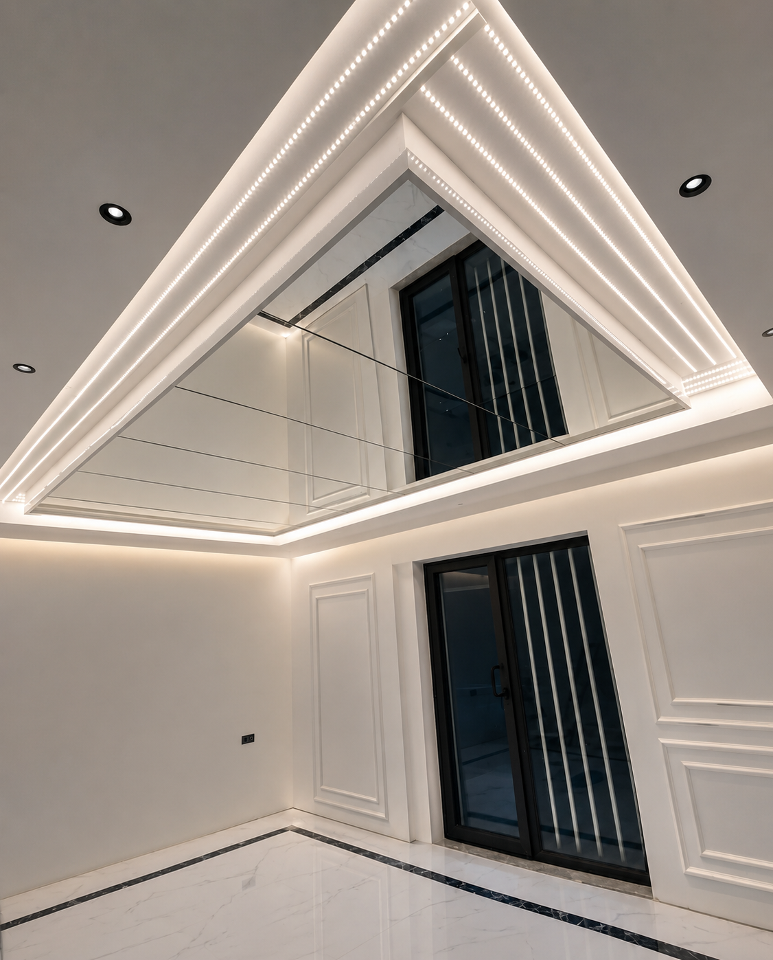 Custom geometric ceiling mirror with integrated warm LED lighting in a modern luxury residential interior.
