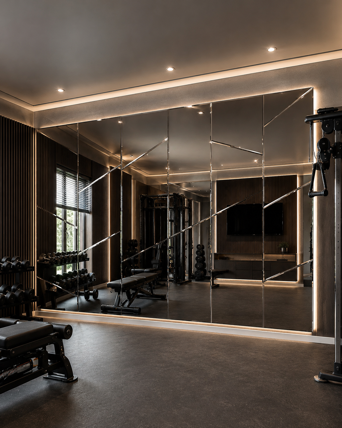 Modern ev spor salonunda özel ölçülü tam duvar fitness aynası uygulaması