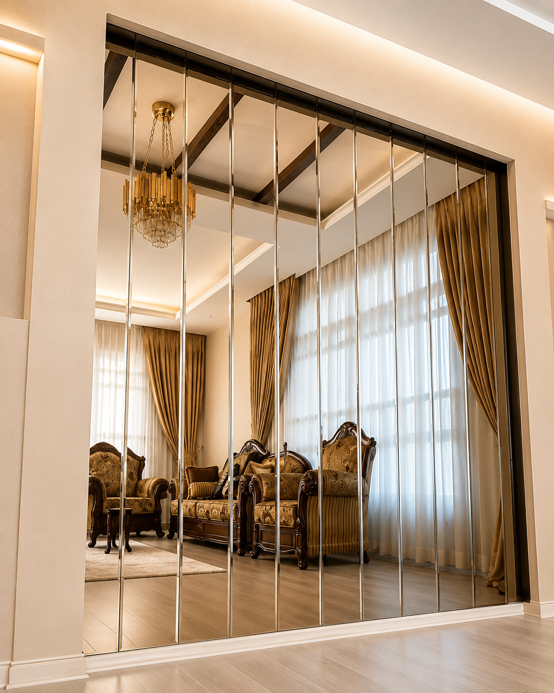 Floor-to-ceiling vertical panel mirror wall reflecting an elegant classical living room with ornate furniture, tall curtains, and a chandelier.