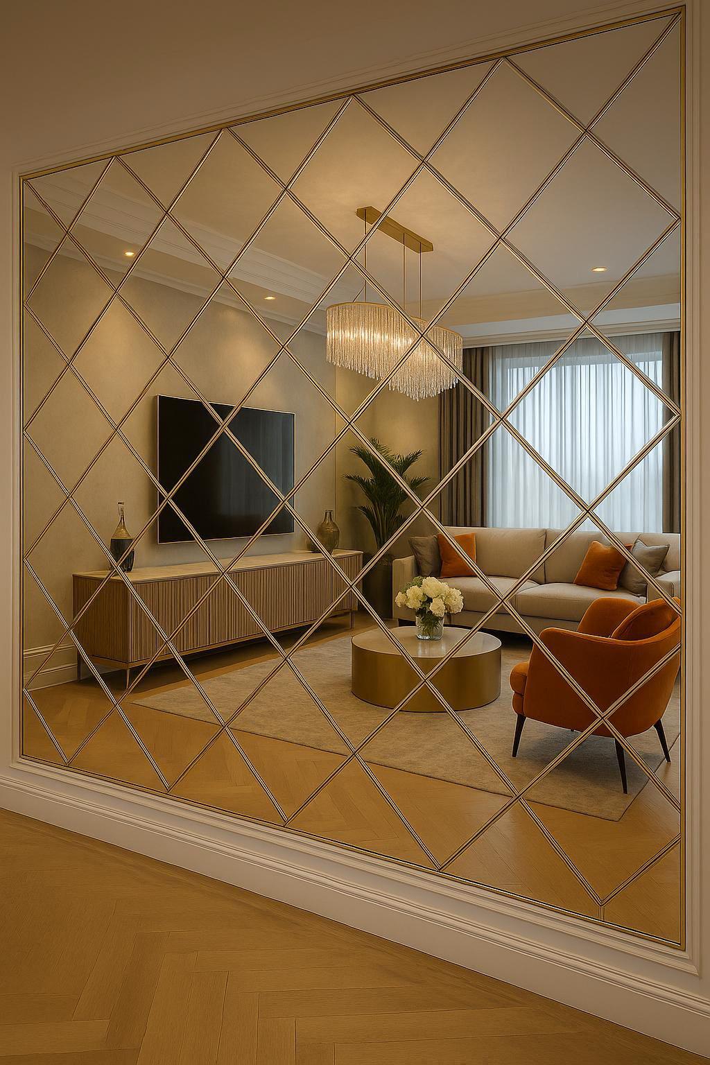 Floor-to-ceiling bronze-tinted diamond-pattern mirror wall reflecting a warm and elegant contemporary living room.