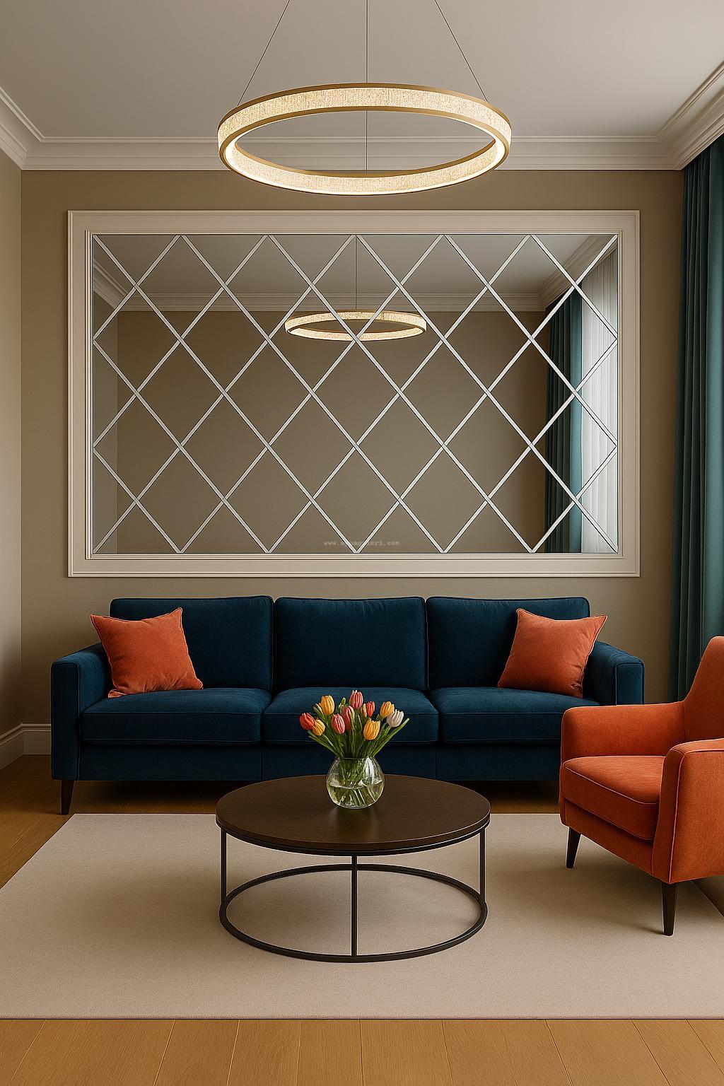 Large framed diamond-pattern mirror installed above a dark blue sofa in an elegant contemporary living room.