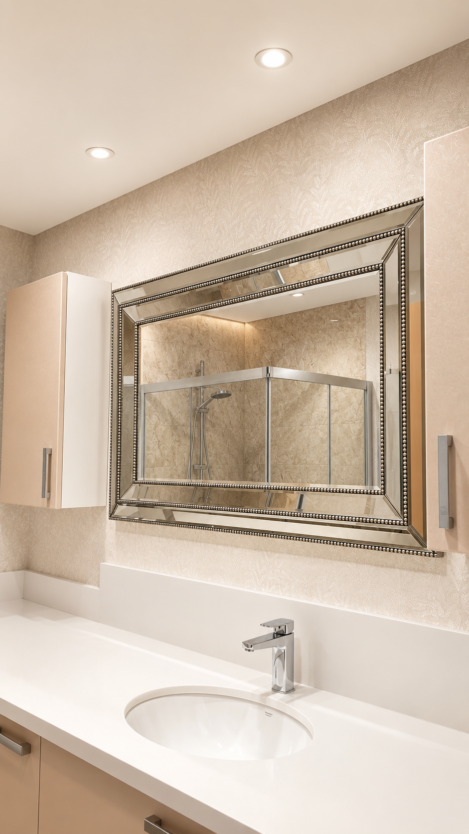Large ornate bathroom mirror with layered beveled borders and decorative beaded trim above a white vanity.