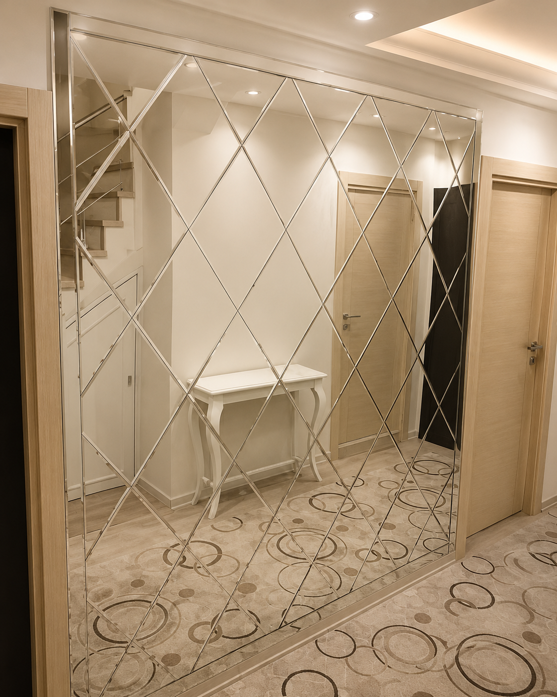Custom framed diamond-pattern mirror wall installed in a bright residential hallway with neutral tones and light wood doors.