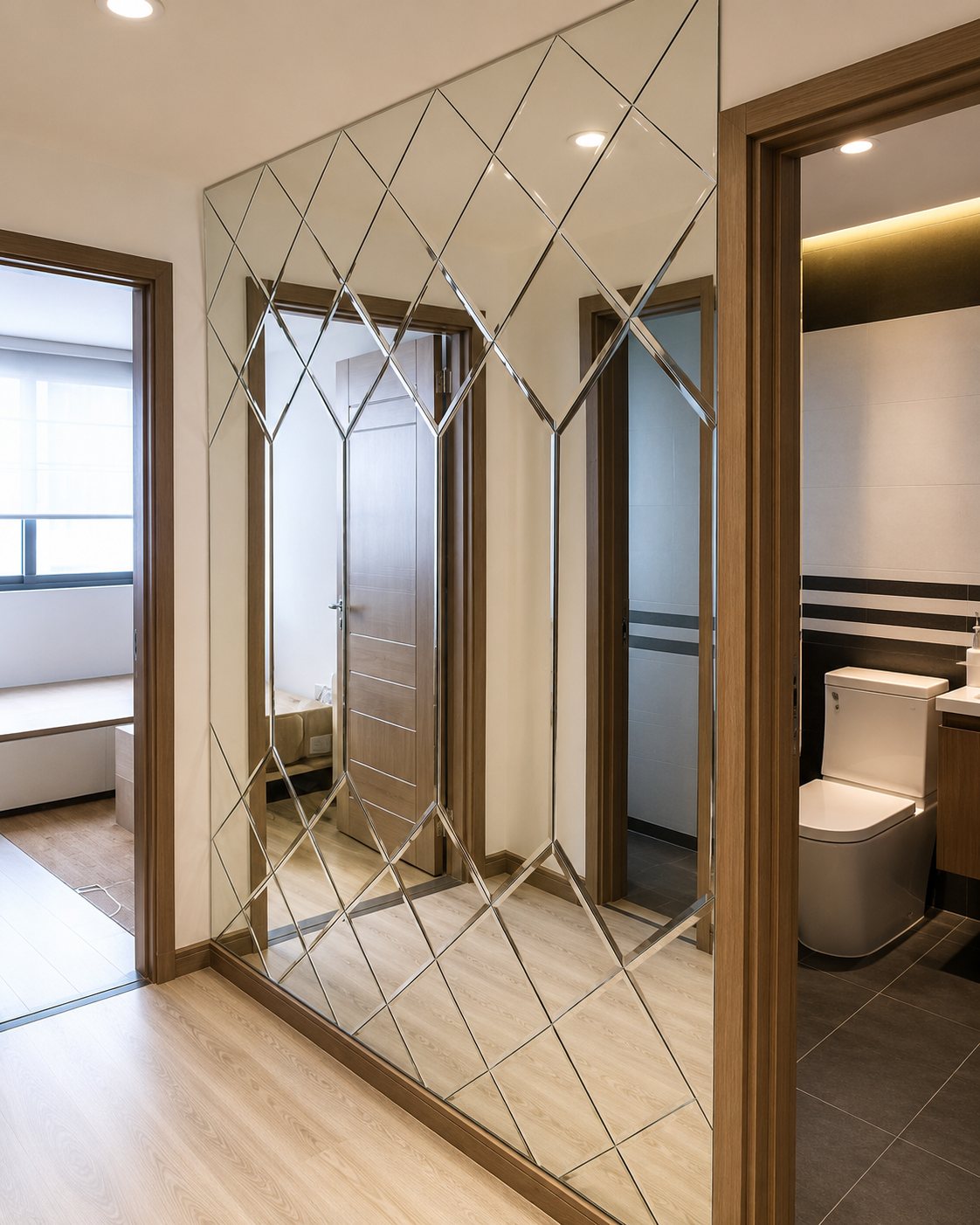 Floor-to-ceiling geometric mirror wall with vertical and diamond-shaped panels installed in a modern hallway with wood doors.