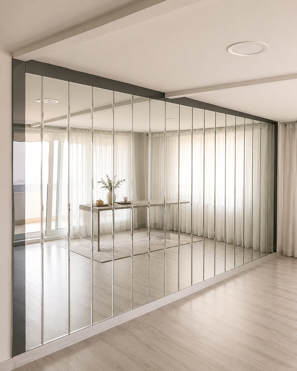 Custom floor-to-ceiling vertical mirrored wall with dark border detailing in a bright modern residential interior.