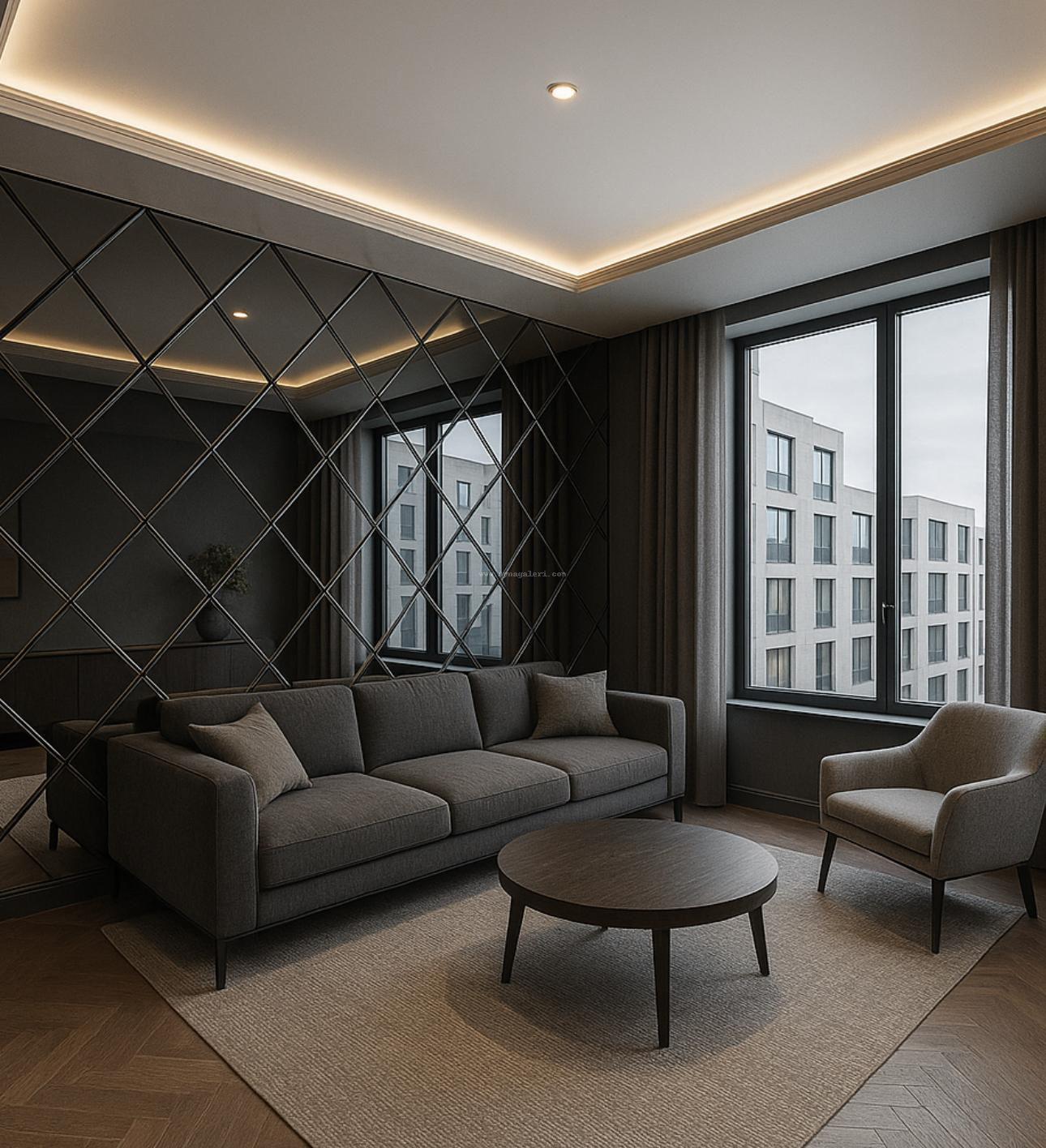 Floor-to-ceiling smoked diamond-pattern mirror wall behind a gray sofa in a dark contemporary living room.