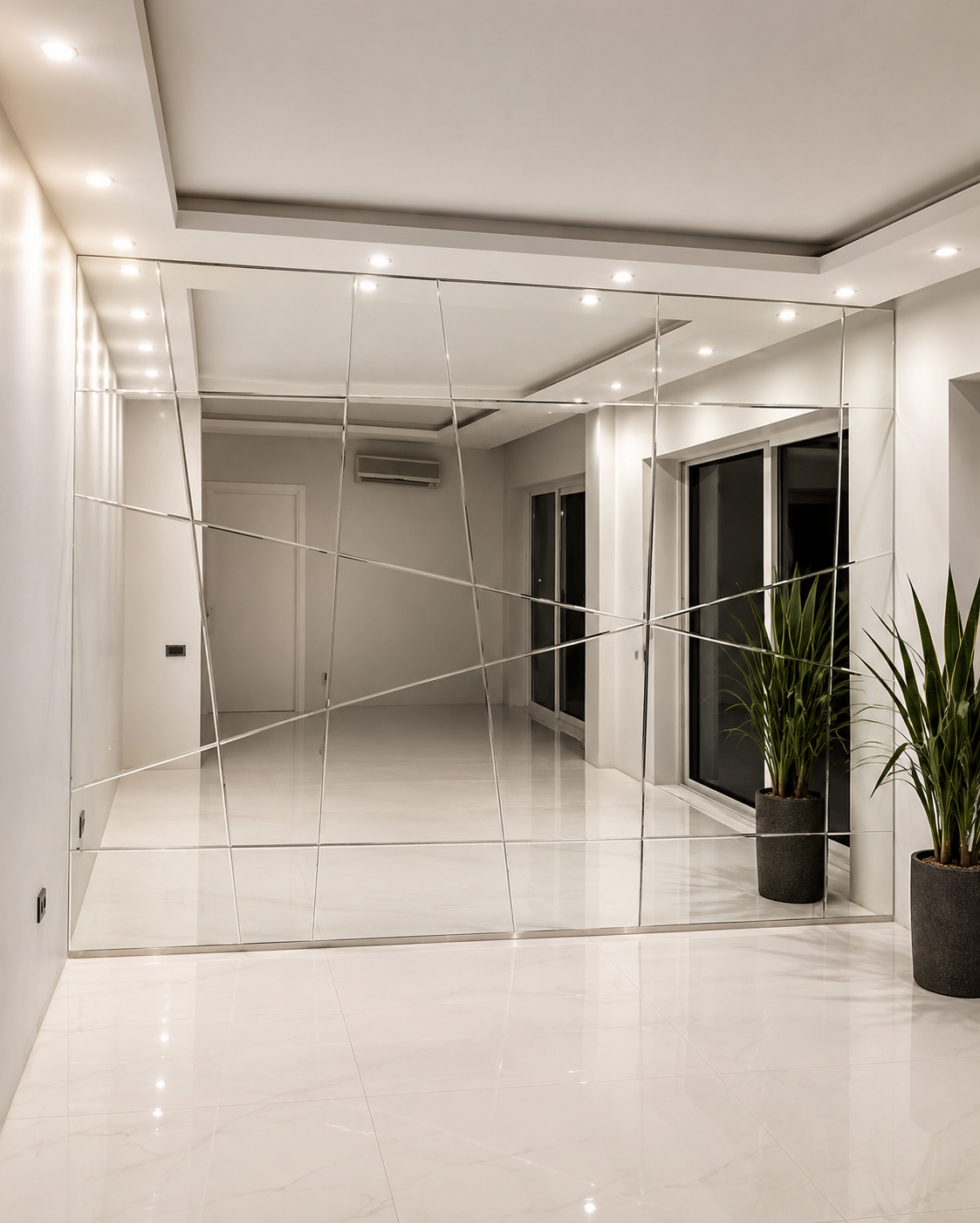 Custom asymmetrical geometric mirror wall with diagonal panel details in a bright modern residential interior.