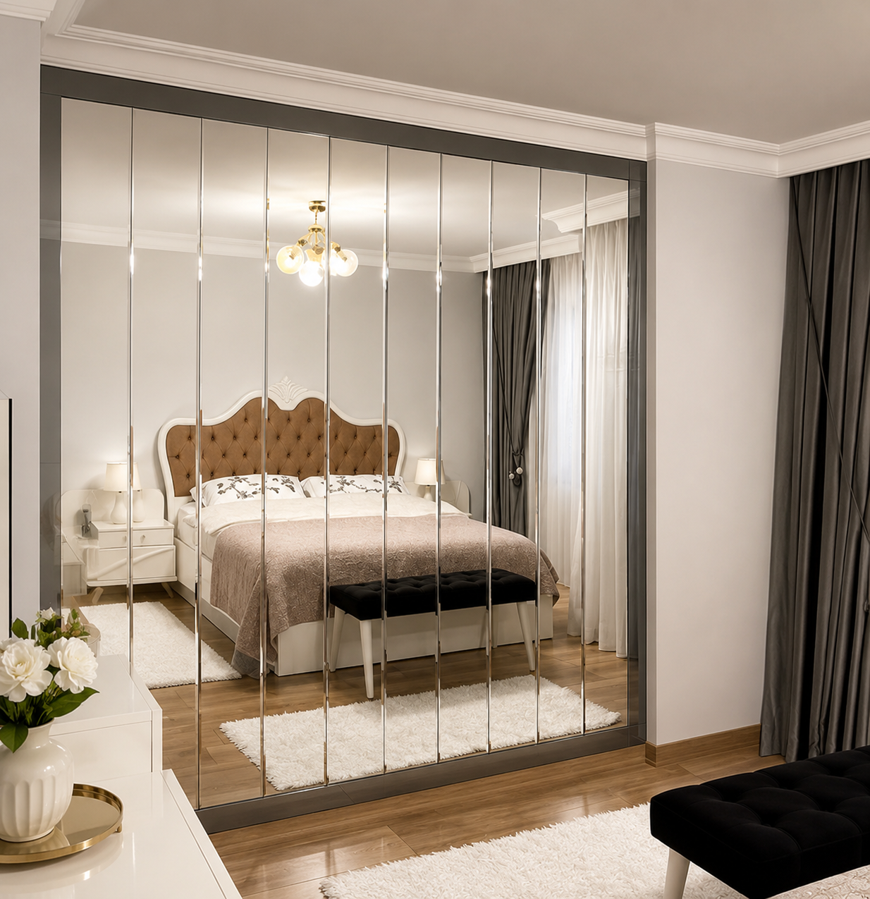Custom framed vertical panel mirror wall reflecting an elegant bedroom with an upholstered bed, chandelier, and dark curtains.