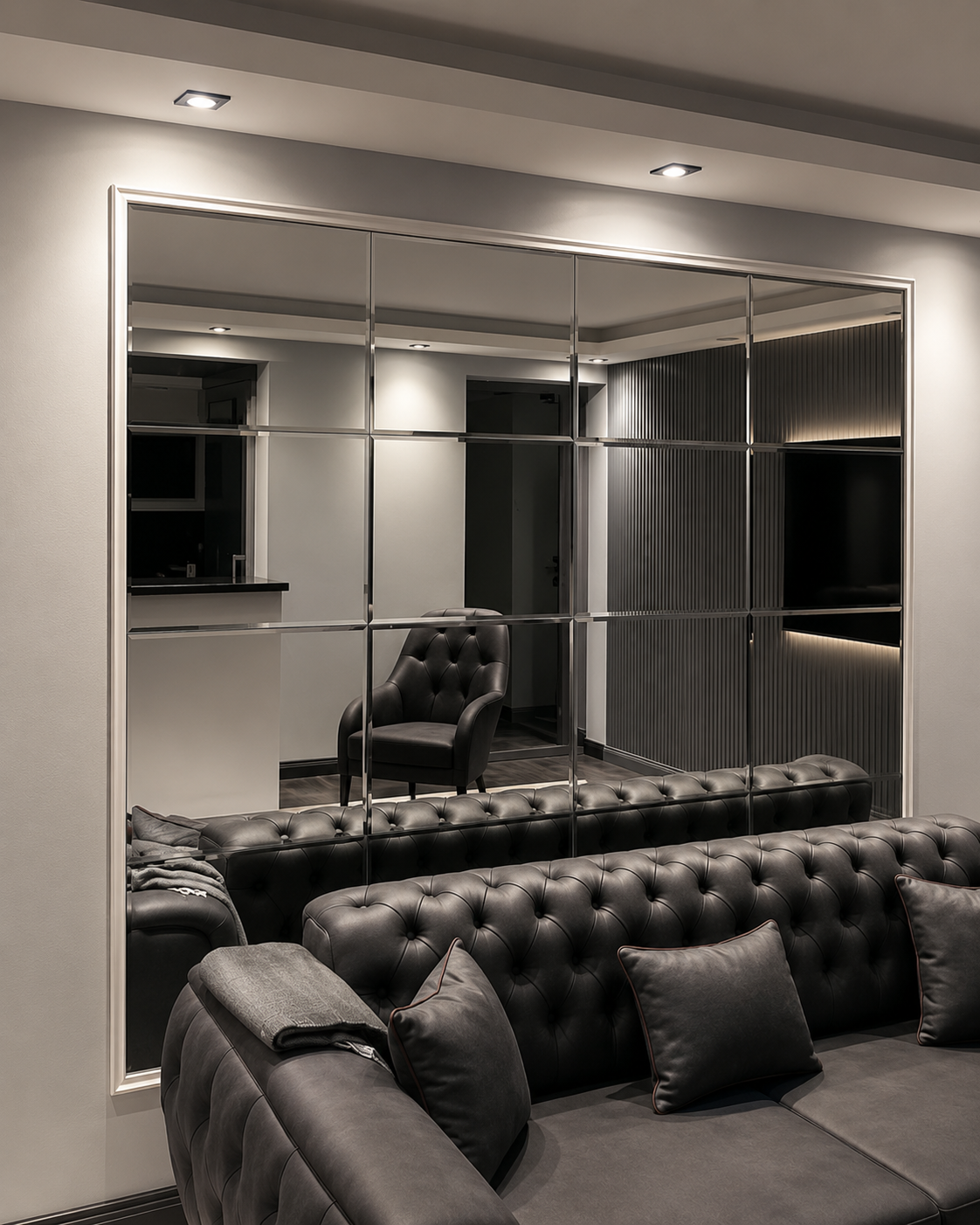 Custom grid-panel mirror wall installed behind dark tufted seating in a modern luxury living room.