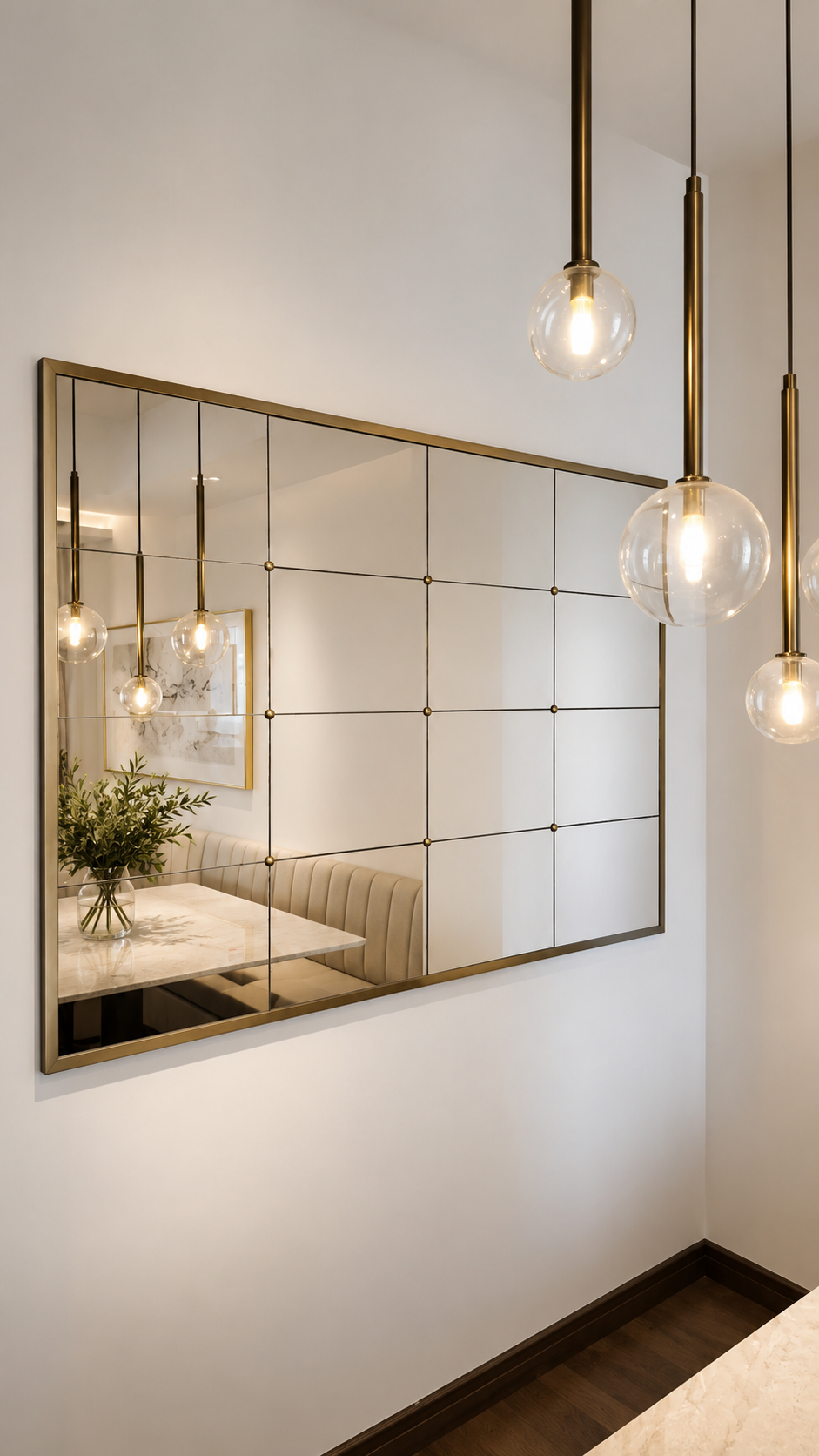 Large bronze-framed grid mirror reflecting glass pendant lights and a modern dining area with neutral seating.