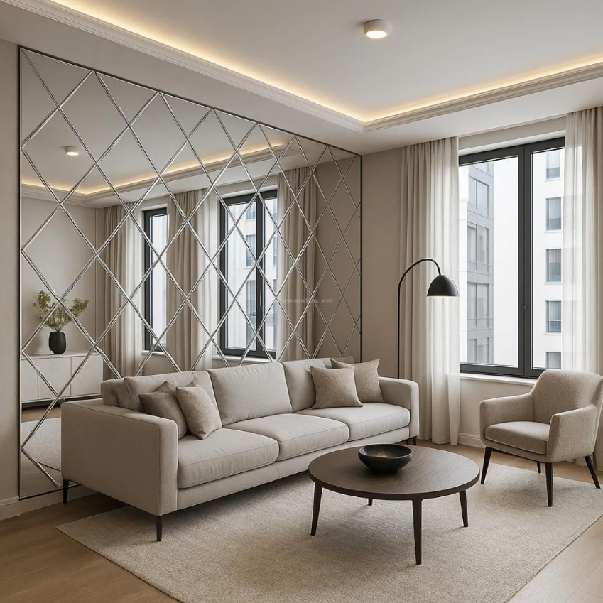 Floor-to-ceiling diamond-pattern mirror wall behind a neutral sofa in a bright contemporary living room.