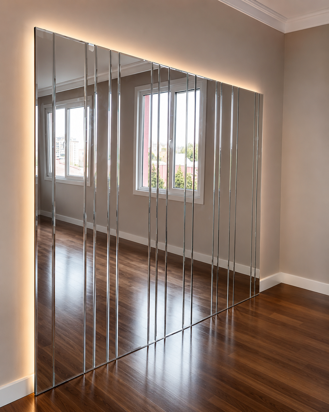 Custom vertical panel mirror wall with warm LED backlighting in a modern residential room with dark wood flooring.