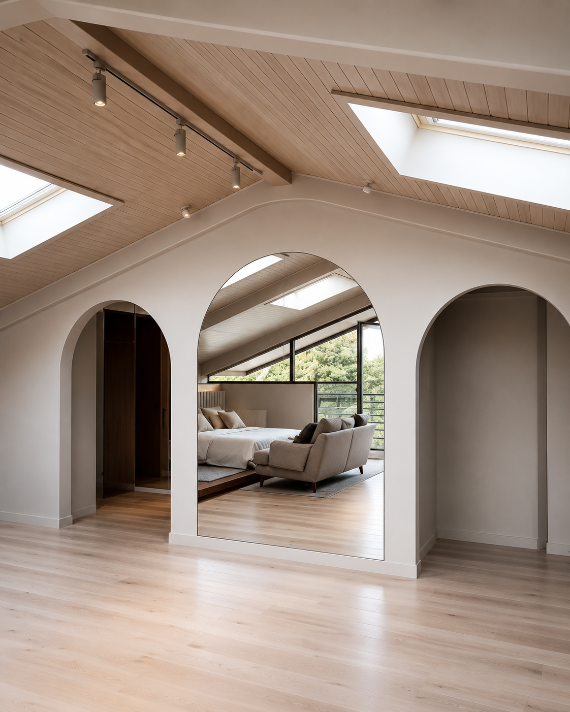 Custom floor-to-ceiling arched mirror installed between architectural openings in a bright modern loft with skylights and wood flooring.
