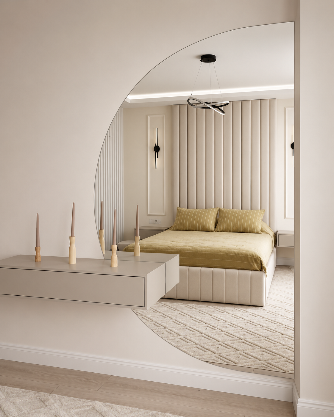 Oversized frameless curved wall mirror above a floating console in a modern neutral-toned bedroom.