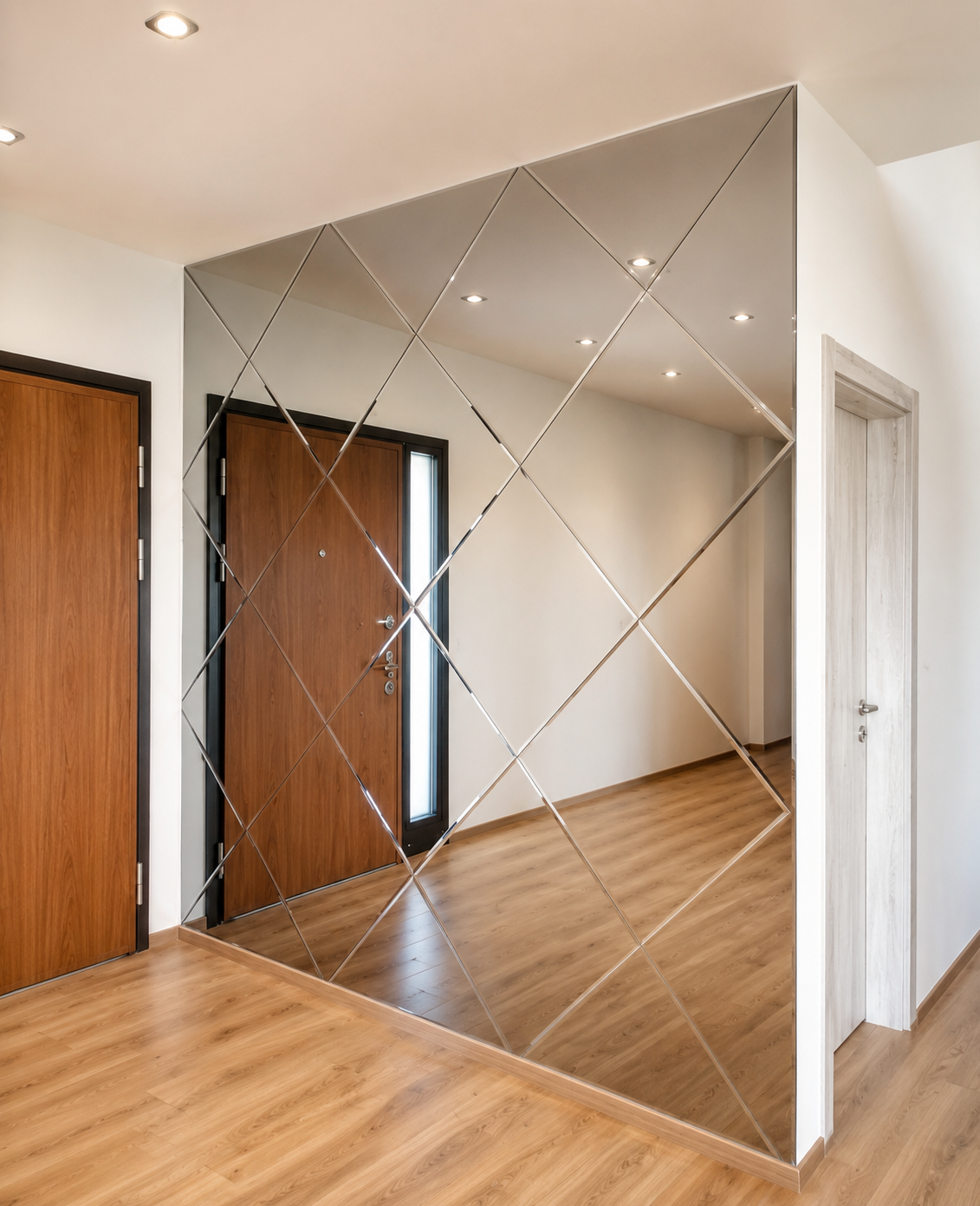 Floor-to-ceiling diamond-pattern mirror wall installed in a modern residential entryway with warm wood flooring.