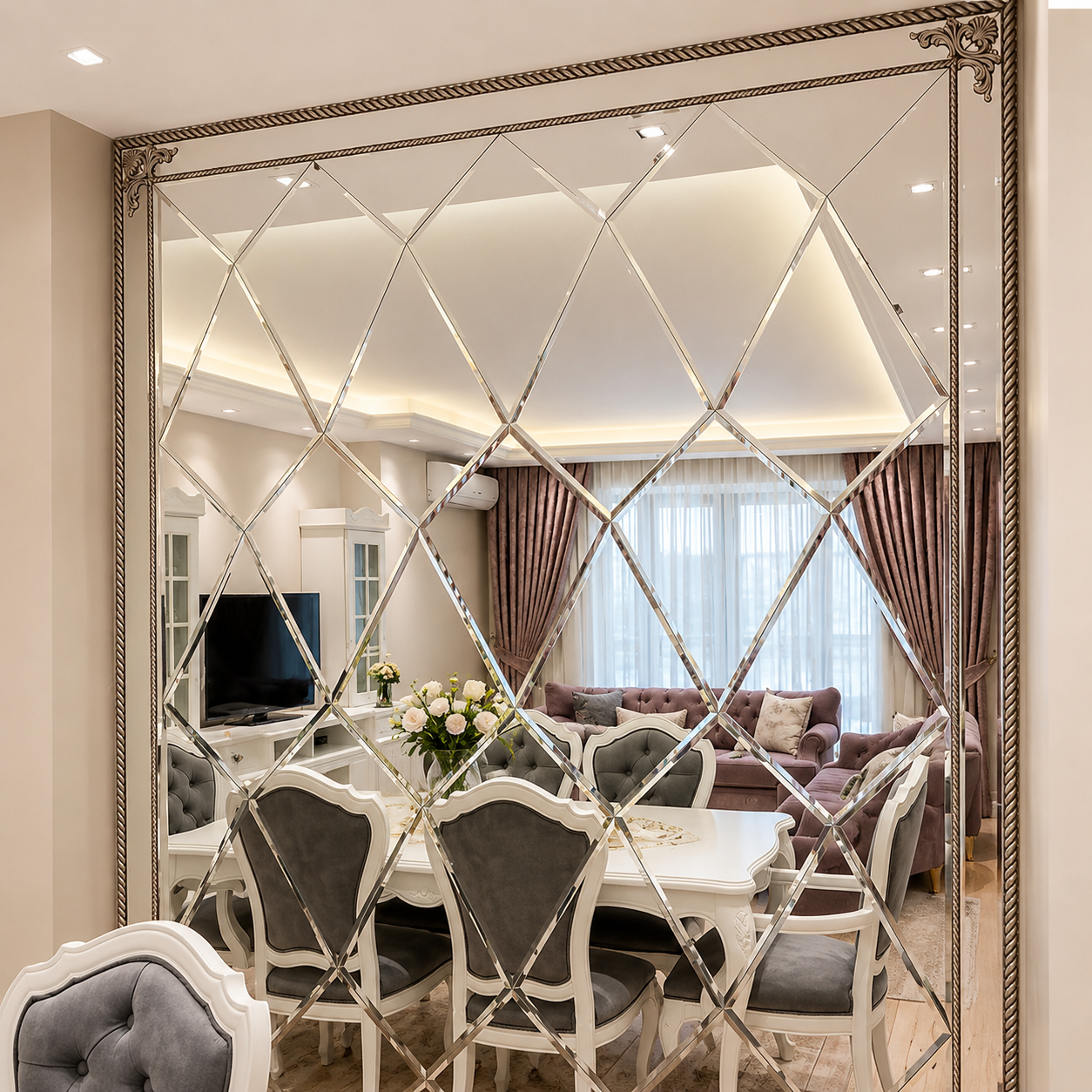 Large ornate framed diamond-pattern mirror wall reflecting an elegant dining and living area with classic furniture.