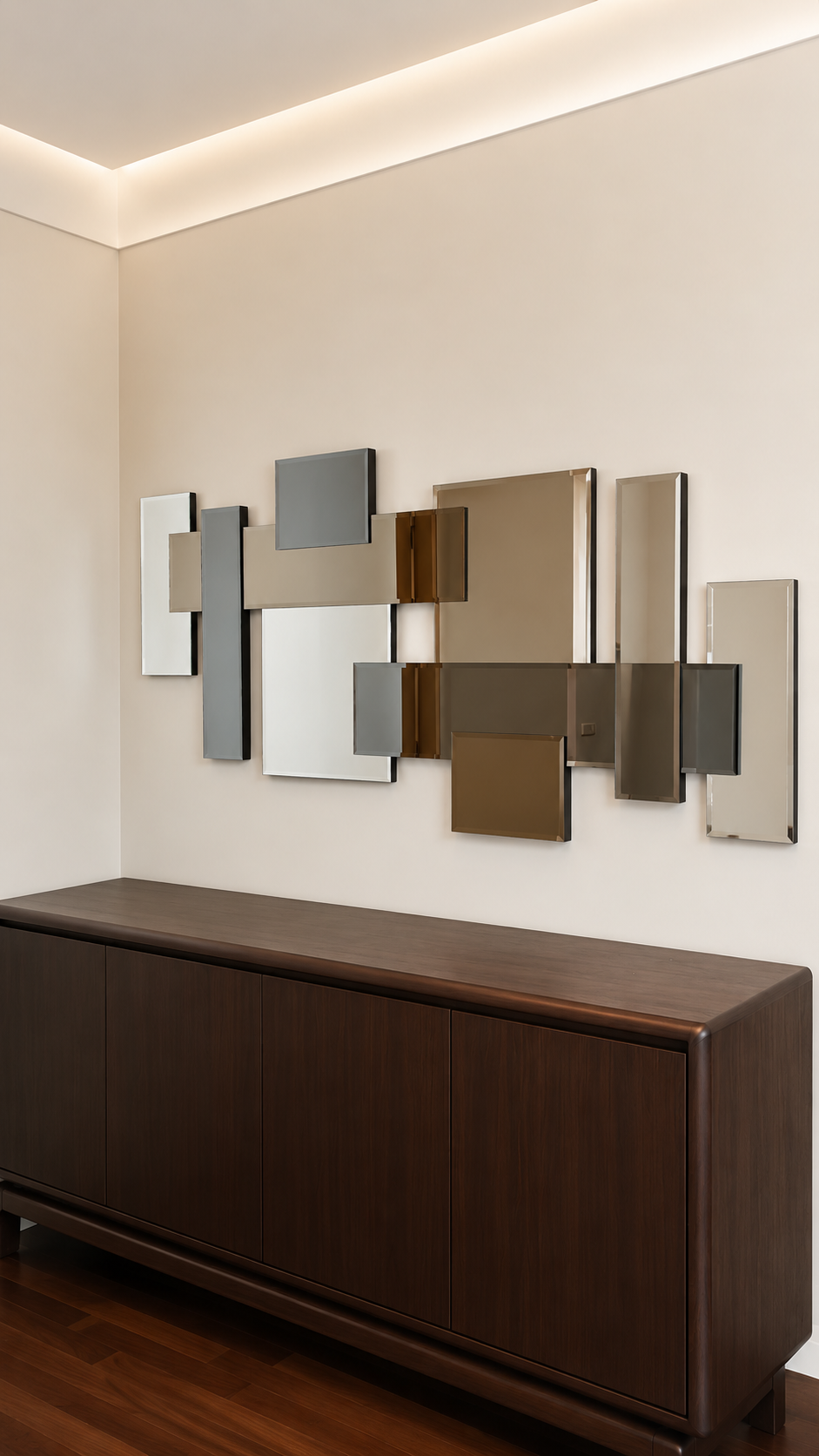 Abstract decorative wall installation made from layered silver, bronze, and smoked rectangular mirrors above a dark wood console.